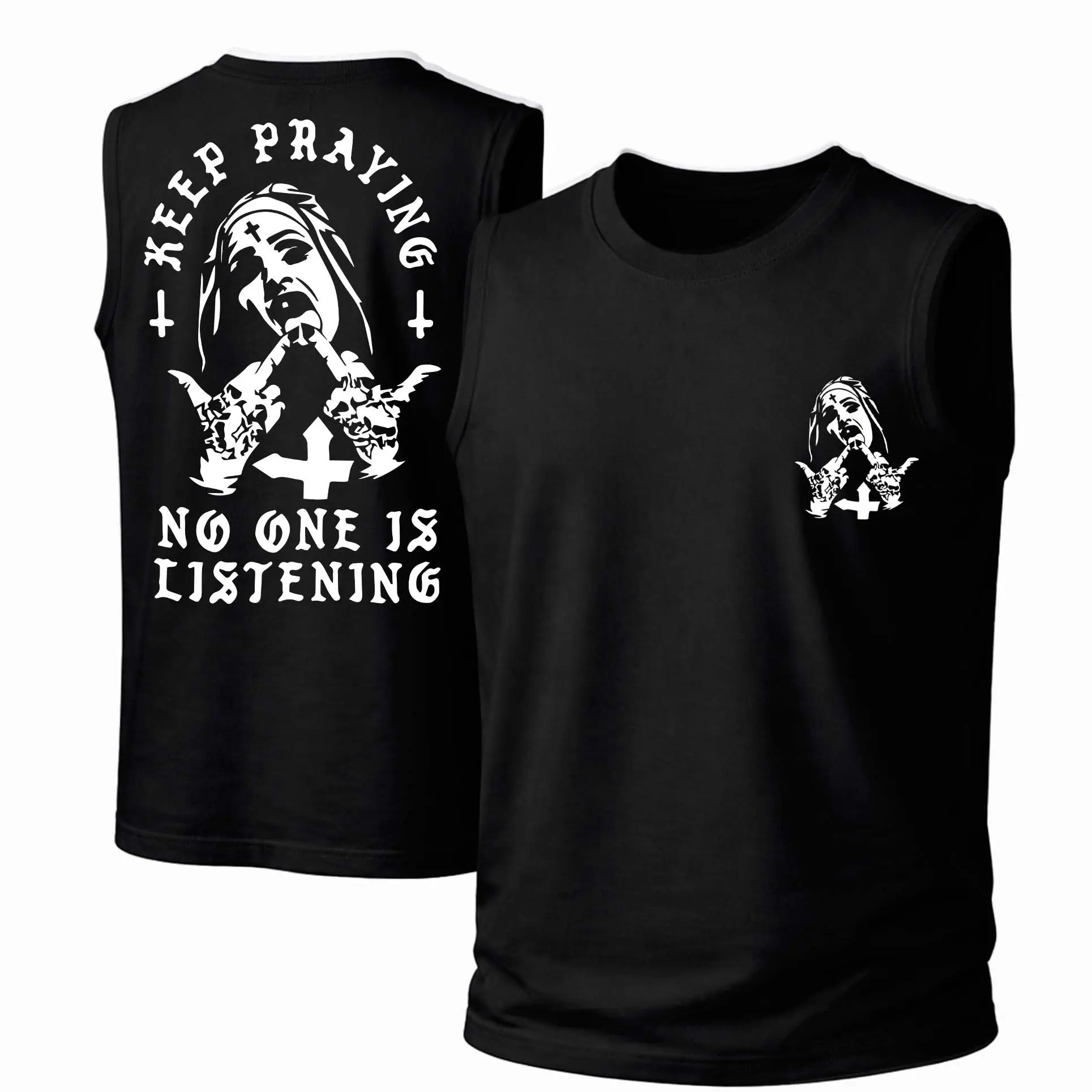 Women's Unisex Cotton Sleeveless Tank Top - Streetwear Style, Breathable Fabric Garment, Keep Praying No One Is Listening Nun Graphic Print, Classic Crew Neck, Casual Spring Summer Wear