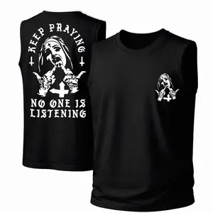 Women's Cotton Sleeveless Unisex Tank Top - Streetwear Style, Classic Crew Neck, Keep Praying No One Is Listening Nun Graphic Print, Breathable Outdoor Fabric Garment for Spring Summer Casual Wear