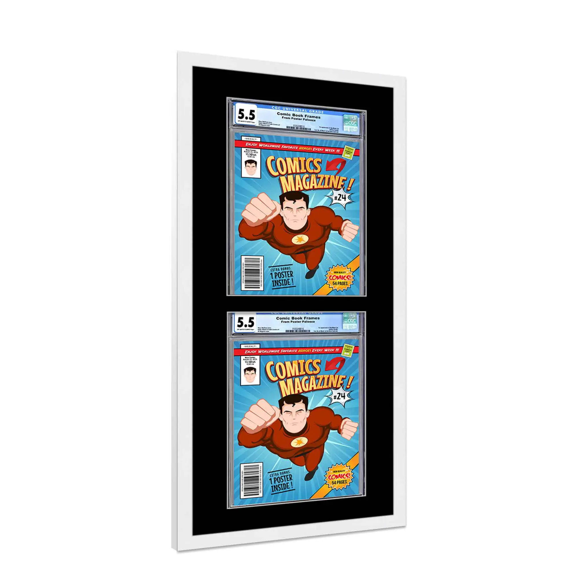 Comic Book Frame with Mat for 2 Graded Comics - White Wood Comic Frame With Black Mat for 8.125x13 Comics - 11.75x30 Frame Size