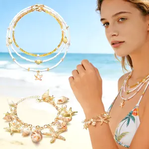 Ocean Style Mystery Jewelry Set3 Pcs Stackable Layered Gold Seashell Necklace & 1 Pc Gold Bracelet, Vintage Tassel Beach Jewelry 4-Piece Accessories Set for Women, Boho Coastal Summer Holiday Ornaments jesus cross hip hop style jewelry punk chunky