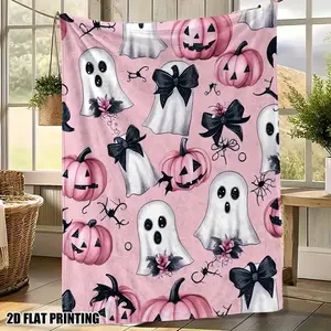 Soft Halloween Ghosts Pumpkins Bows Printed Flannel Throw Blanket  Suitable for Sofa Bed Chair and Study  Perfect for All Seasons