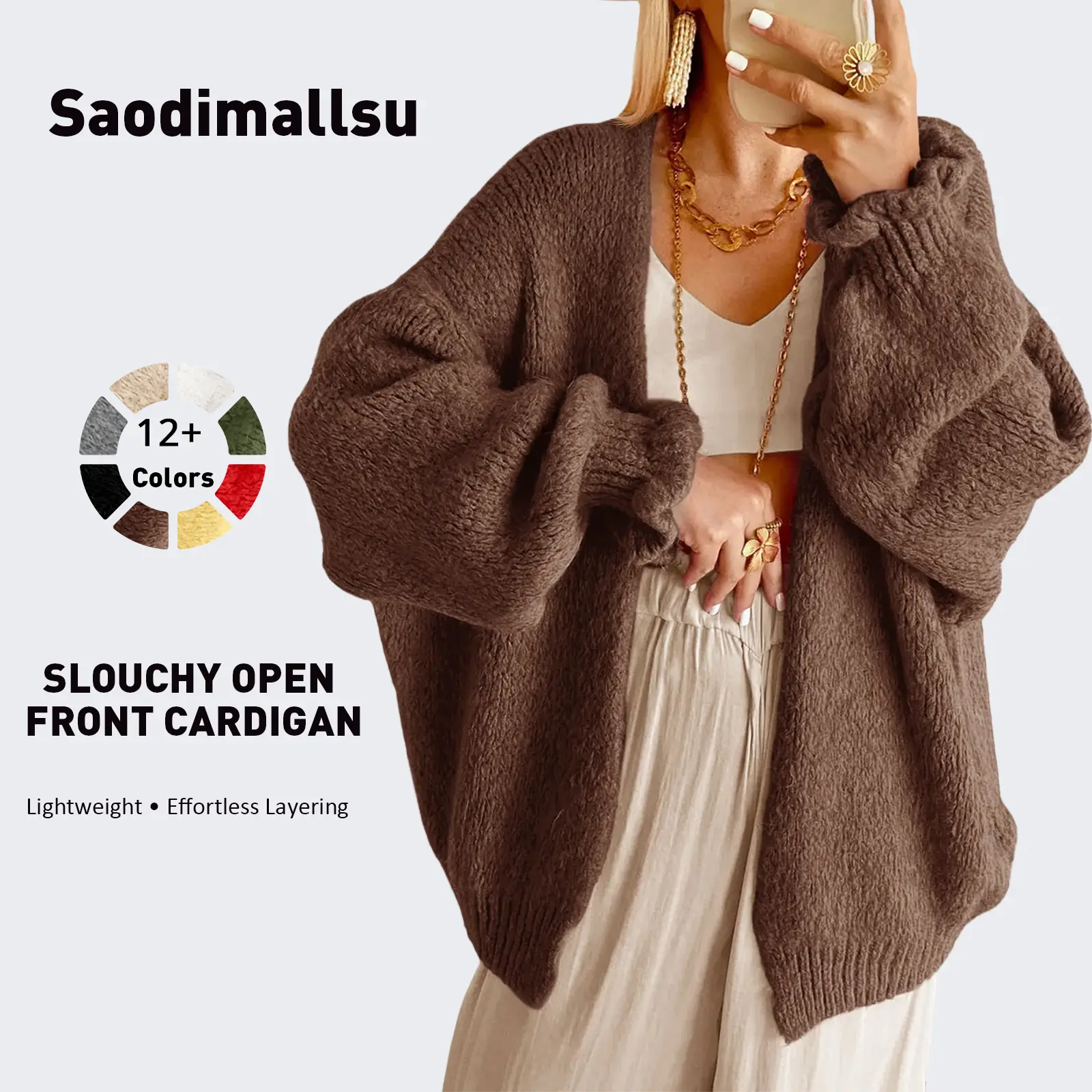 Saodimallsu Women's Casual Oversized Open-Front Long Sleeve Chunky Knitting Cardigan with Ruffle Lantern Sleeves, Tops, Knitwear, Minimalist, Cardigans, Lazy Outfit