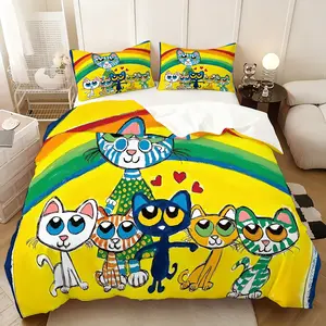 3-Piece pete the cat Style themed bedding, colorful printing is universal in all seasons, a must for home rooms, a perfect gift for family, friends, relatives and friends, including 1 quilt cover + 2 pillowcases (excluding inner core)