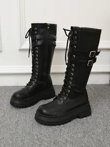 Women's High-Top Lace-Up Boots, Buckle Detail, Thick Sole Platform, Gothic Punk Vintage Style, Perfect for Fall & Winter
