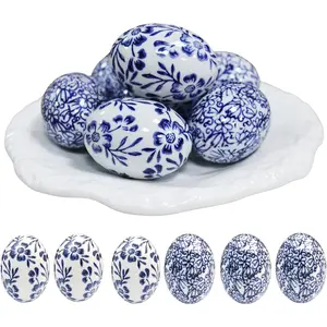 6pc Ceramic Easter Egg Ornaments Chinoiserie Blue and White Easter Decorations Perfect Accents for Home or Office,Ideal Gifts for Christmas, Halloween, Mother's Day, Easter and Housewarming