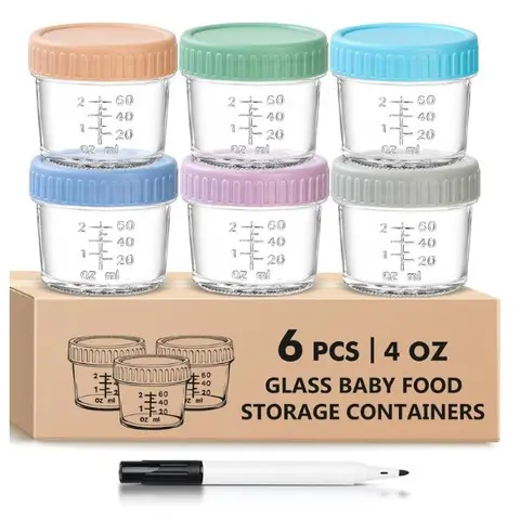 Parents' 6-Pack 4 fl oz Glass Baby Formula Containers, BPA-Free Leakproof Plastic Lids, Stackable Microwave-Dishwasher-Freezer Safe Reusable for 3+Months Baby Milk Storage