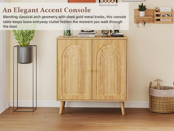 Giratree 31.5" Accent Storage Cabinet, Arched Fluted 2-Door Sideboard | Seamless arched fluted doors, adjustable shelf, soft-close hinges, tapered solid wood legs for versatile room storage
