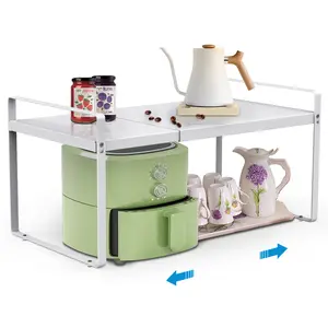 Yuleimy Expandable Cabinet Shelf Organizer, 14" to 26" Adjustable Metal Countertop Riser for Under Sink and Kitchen Cupboard Storage, Heavy Duty 55 Lbs Anti-Sag Central Rod, White, 1 Pack