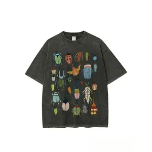 Washed Insect Theme Party Print T-Shirt, High Quality Pure Cotton Vintage Retro Tee, Unisex Casual Attire, Vintage Distressed Clothing, Holiday Gift for Men Women