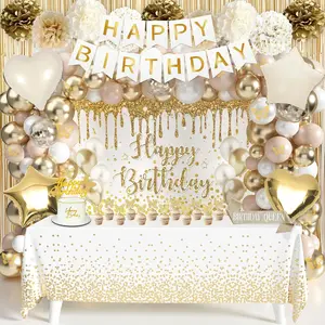 Gold & White Birthday Decorations Kit with Beige Cream Balloon Arch, Sash & Cake Topper for Women