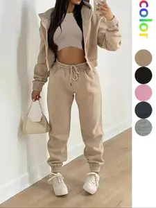 Y2k Solid Drop Shoulder Zipper Hoodie & Drawstring Waist Pants & Sleeveless Crop Tank Top, Outfits Clothes for Daily Casual Outdoor Wear, Womenswear, Streetwear