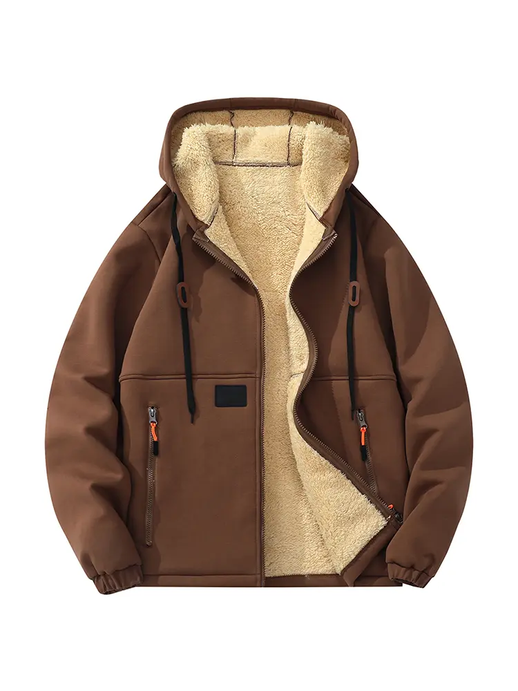 Men's fleece-lined hooded jacket, warm winter sherpa coat, suitable for outdoor sports and everyday wear, stylish and practical