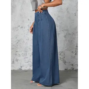 Pleated Wide Leg Denim Pants