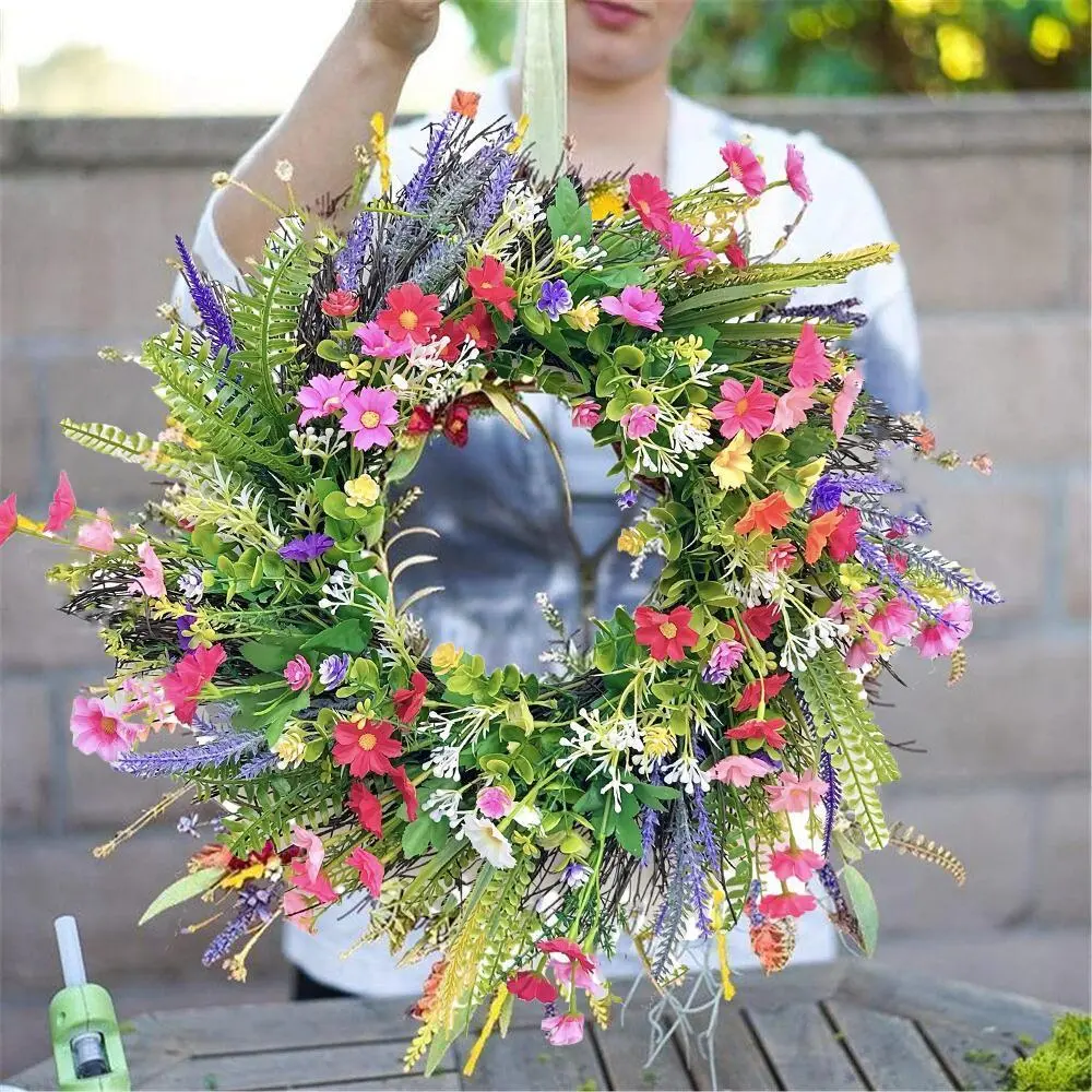 17in Handmade Colorful Lifelike Silk Artificial Wildflower Wreath - Daisy Flowers, Lavender, Greenery, Fruit Accents - Rustic Farmhouse Home Decor, Ornaments, Garland, Centerpiece for Front Door, Wall Hanging, Wardrobe Decoration