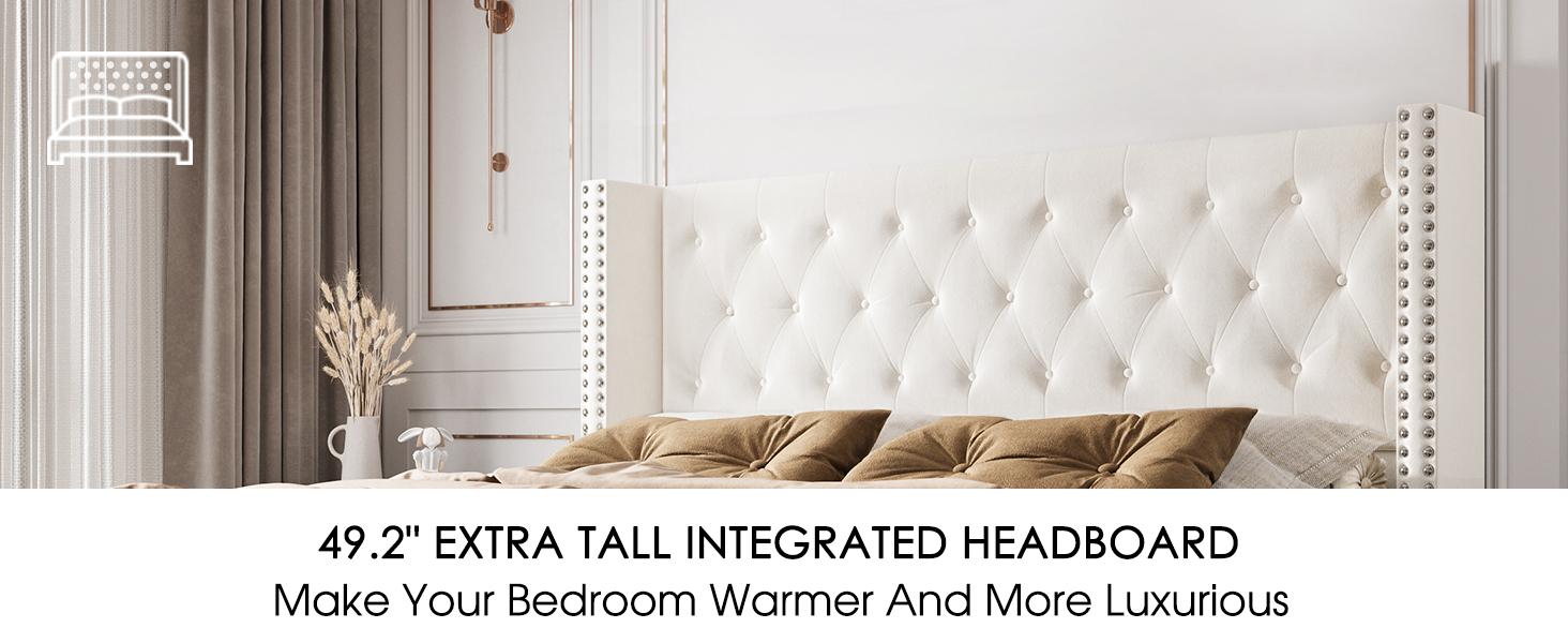 AMERLIFE Bed Frame with 49.2" Wingback Headboard, Upholstered Velvet Bed with Tufted Diamond Button/No Box Spring Needed/Easy Assembly/Christmas Gift