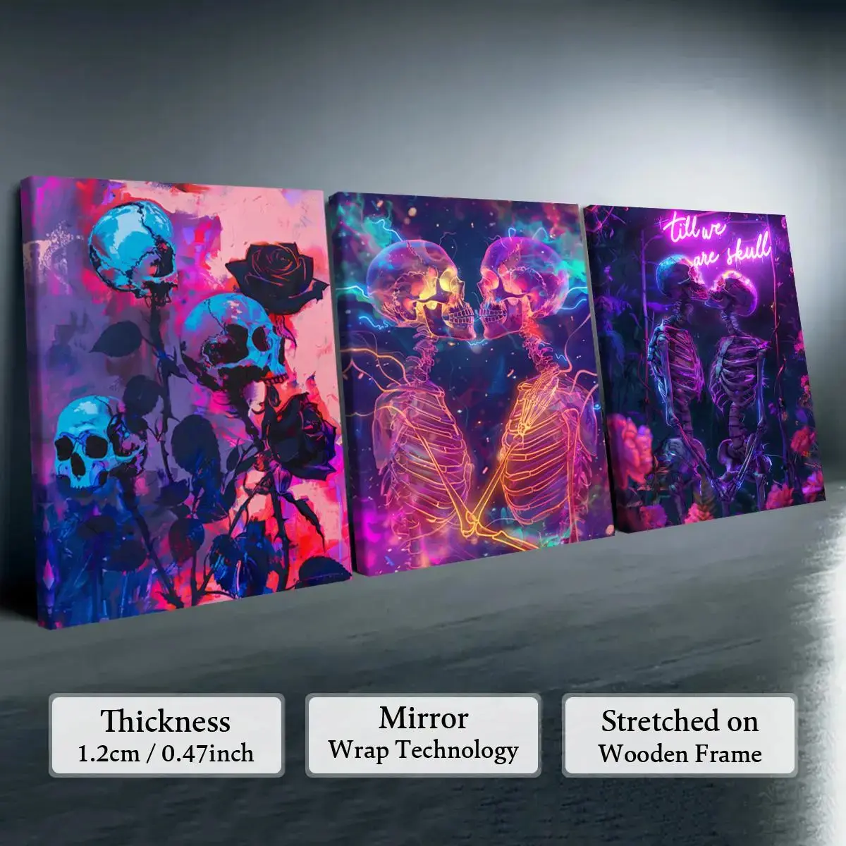 3-Pieces Gothic Waterproof Wooden Framed Skull Motif Canvas Wall Art Prints - High Pigment Density, Dark Aesthetic Halloween Decoration for Indoor Bedroom, Living Room Home Decor