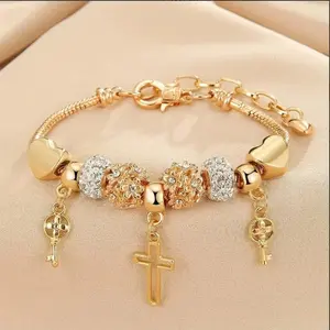 Gold Charm Bracelet for Women, Adjustable Cross Heart Butterfly Boho Bracelet, Alloy Layered Dainty Jewelry Gift for Her Gold Tone