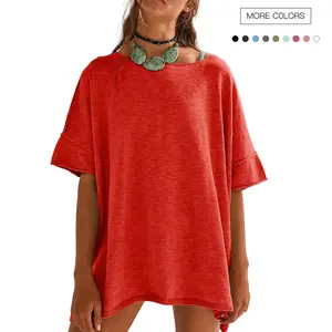 Women's Oversized Cotton Viscose Round Neck T-Shirt - Loose-Fitting Fabric Clothes, Basic Casual Breathable Top with Dropped Short Sleeves, Side Slit Hem for Summer Womenswear