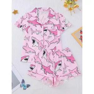 2pcs/set women shark print pajama set, collared short-sleeve comfy top and fitted elastic shorts, elegant sleepwear outfit for festival parties, casual home wear, casual comfy short-sleeve collared top & shorts set, ladies sleepwear for all seasons