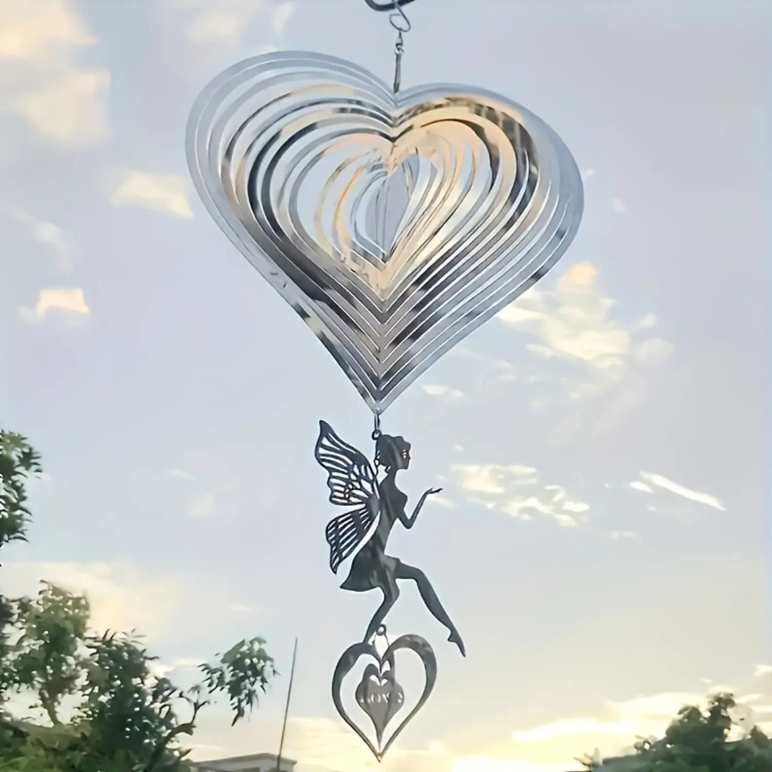 Stainless Steel 3D Heart-Shaped Wind Chime - Outdoor Garden Decor with Rotating Hook Wind Vane for Courtyard, Wedding Decor