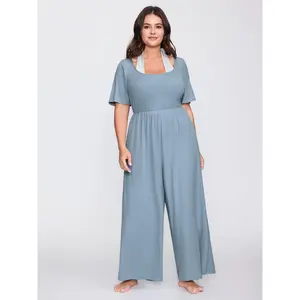 BLOOMCHIC Lady's Short-Sleeve Spandex Fitted Knot Lounge Jumpsuit - Basic Fabric, Stretchy Textured Color-Contrast, Pocket Design 2026 Summer Vibes Blue Overalls Swimweek