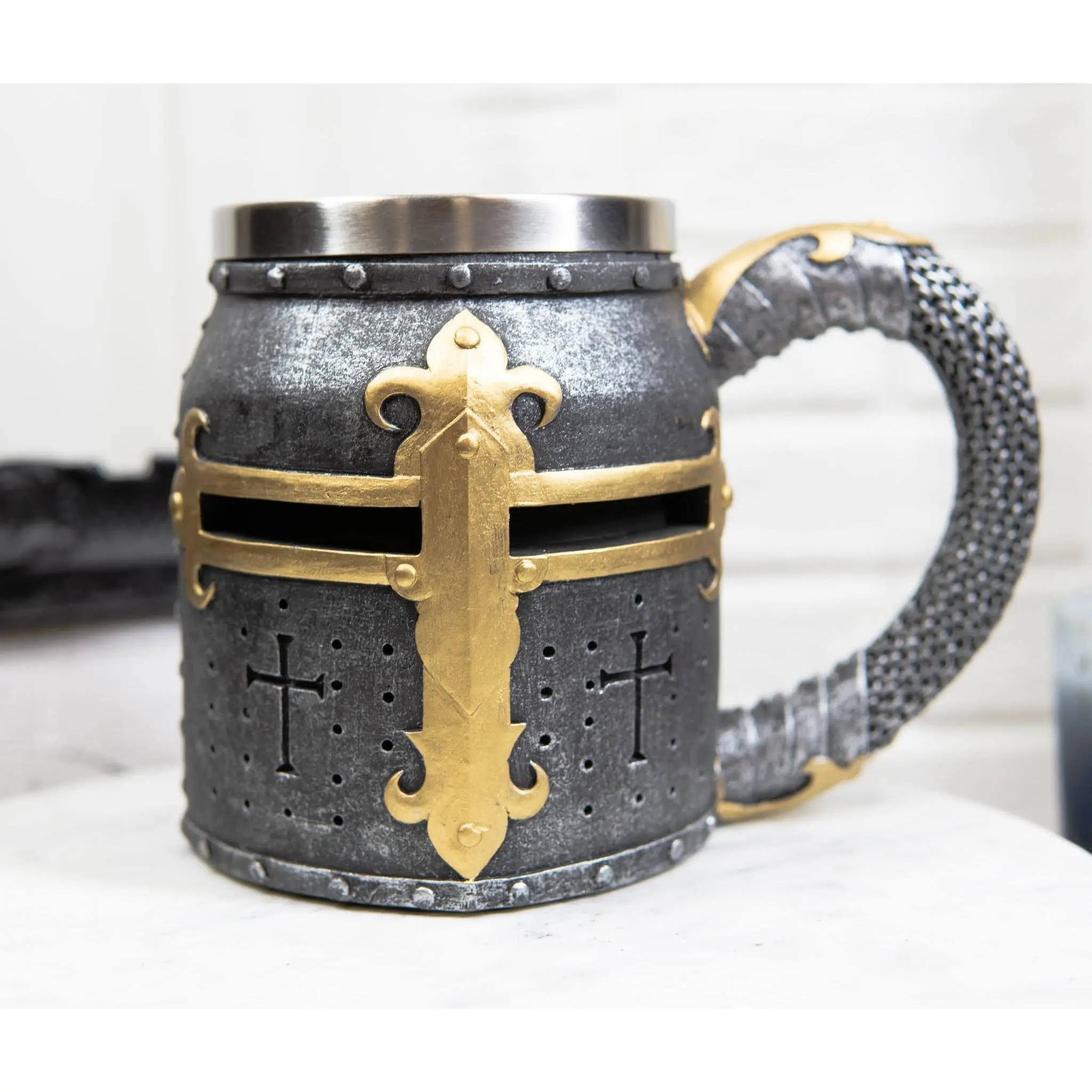 Ebros Gift Stainless Steel Medieval Crusader Knight Armor Helmet Drink Mug - 13oz, 4.25in Diameter, 4.5in Tall, 6.5in Long Hand Painted and Polished Polyresin Tankard for Halloween, Party Kitchenware