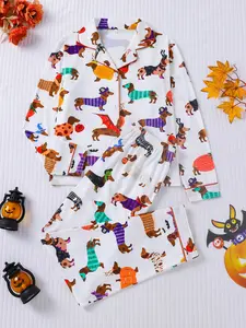2-piece Halloween graffiti covered dachshund long sleeved pants with button closure and elastic waistband, suitable for all seasons home, casual, children's pajamas, and regular wear, Pajama Sets, Print Sleepwear