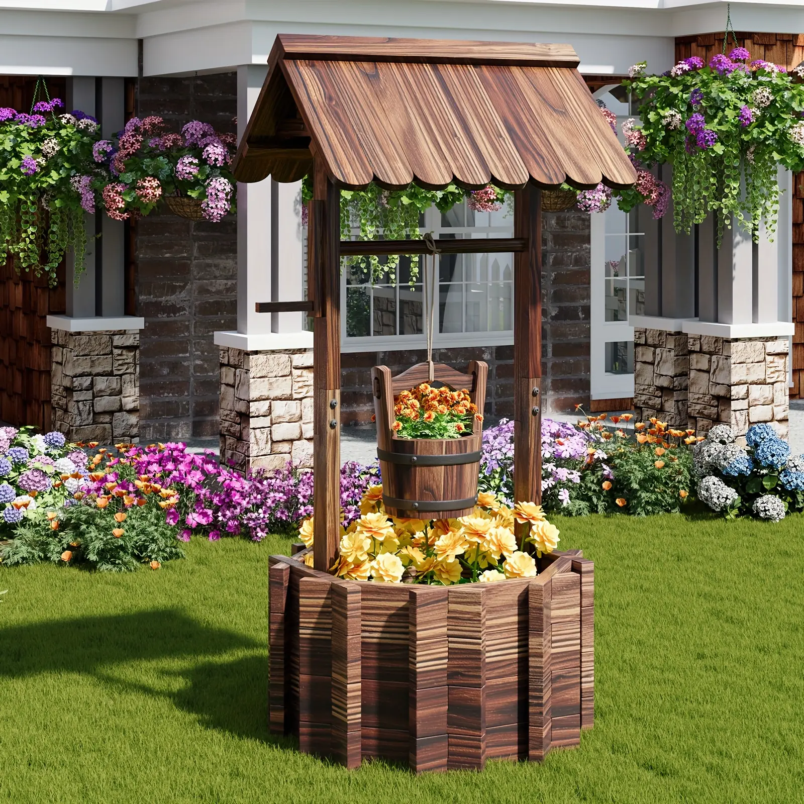 Nordivale Wishing Well Planter Outdoor - Wooden Rustic Garden Decor with Hanging Bucket, Barrel Style Yard Fountain & Water Feature for Patio, Lawn & Outside (Reinforced Base)