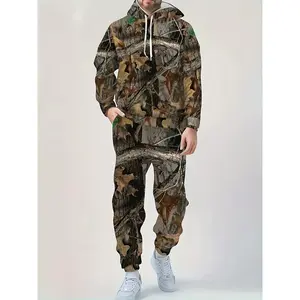 Men’s 2-Piece Camouflage Leaf Print Hooded Sweatshirt and Jumpsuit Set, Polyester Knit Fabric, Regular Fit, with Applied Decorative Details, Suitable for Spring and Autumn Casual Wear, Hooded Sweatshirt and Sweatpants Clothing, Geometric Design