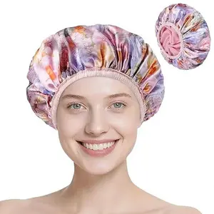 Upgraded Waterproof Terry Shower Caps, Reusable Shower Cap for Women with Long Hair, Soft Absorbent Hair-Protecting Towel Lining Bath Cap, Large Leak-Proof Hair Cap with Fashionable Print Outer-Pink