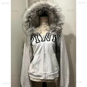 LIA 2025 Chic Casual Gray Femme Korean Fur Patchwork Hooded Sweatshirts Vintage Y2k Aesthetic Grunge Letter Print Zippers Hoodies