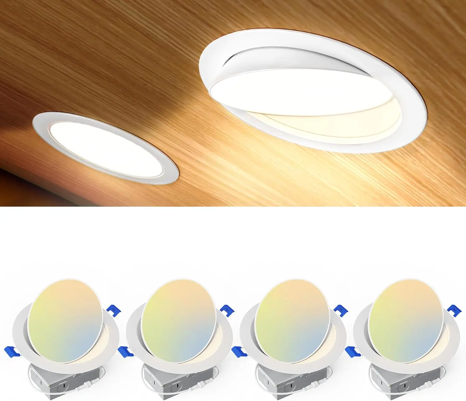 4 Pack 6 in 5CCT Gimbal Indoor LED Eyeball Recessed Lights, 360°+90° Rotatable, 10%-100% Dimmable, CRI90+, Canless Angled Adjustable Ceiling Downlight, 1300LM, 12W=115W, 120V, Hole Punch Compatible, ETL-FCC Certified, Gimbal Light, 10%-100% Dimming
