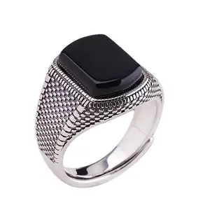 Vintage Black Onyx Signet Ring for Men - Adjustable Open Band, 925 Silver Plated, Retro Engraved Pattern, Non-Tarnish, Comfort Fit Statement Jewelry for Everyday & Gifting