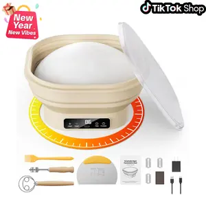 [Holiday Haul] Heated Bread Proofing Basket Set, 2L Foldable Dough Bowl with Detachable Charging Port, Food-Grade Silicone Proofing Basket, Dustproof Lid, Baking Tools Included, Adjustable Temp 77-122℉ Wooden Bamboo Whisk Bakeware Utensils