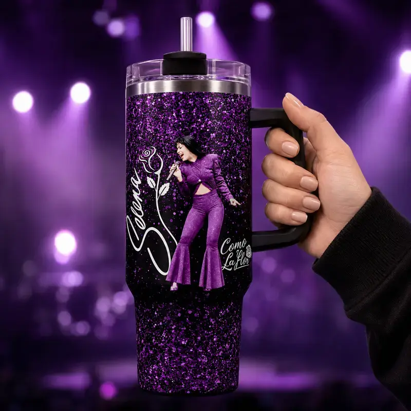 Selena Como La Flor Tumbler 40oz, Purple Glitter Latina Music Fan Cup With Singer Graphic Rose Signature Artwork And Travel Drinkware With Handle, Not Including The Straw Water Bottles Bottle