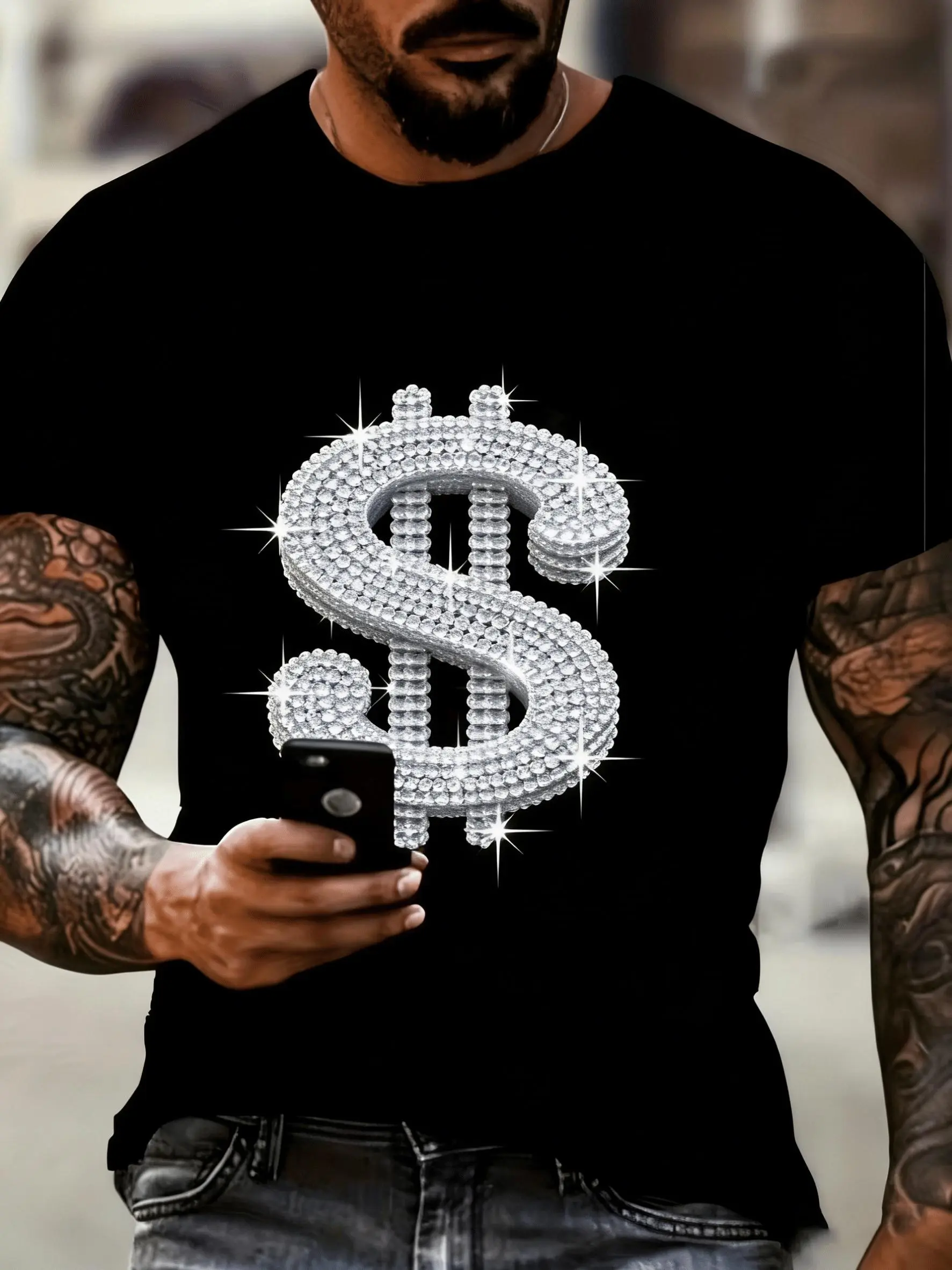 Men's & Women's Rhinestone Dollar Sign T-Shirt - Retro Bling Crew Neck Short Sleeve, Soft Breathable Suitable for Casual Wear, Parties, Year-Round Outfits - Machine Washable Dollar Sign Graphic Tee for All-Season Fashion (No Transparency)