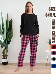 Two-Piece Set Women's Pajama Set, Casual Comfy Plain Round Neck Long Sleeve Top & Plaid Print Drawstring Waist Pants PJ Set, Women's Sleepwear for Fall & Winter