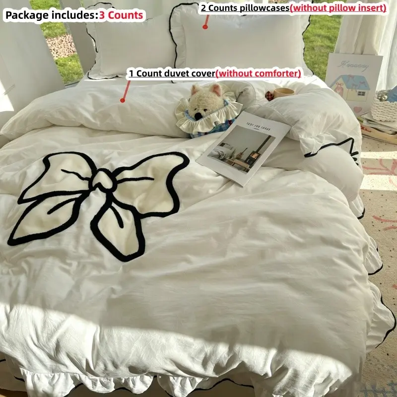 3-piece embroidered bow tie  bedding set 1pc duvet cover + 2pc pillowcases(without comforter and pillow insert, 100% polyester fabric, suitable for Single, Twin, Double, and Queen sizes, and can be used all year round, machine washable