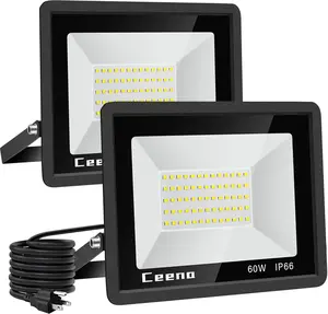2 Pack 60W Plug in LED Flood Light Outdoor, 6000lm Super Bright Floodlight with Switch and 5.9FT Wire, IP66 Waterproof 6000K LED Work Light for Garage, Yard, Patio, Front Door