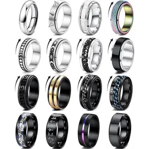 16Pcs Stainless Steel Band Rings for Men & Women - Simple Cool Chain, Beveled Edges, Fidget Anxiety Relief, Pack for Wedding Engagement