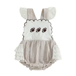 Newborn Baby Girl Football Outfit Football Embroidery Striped Bubble Romper Lace Trim Ruffles Sleeveless Onesie Bodysuit Overalls