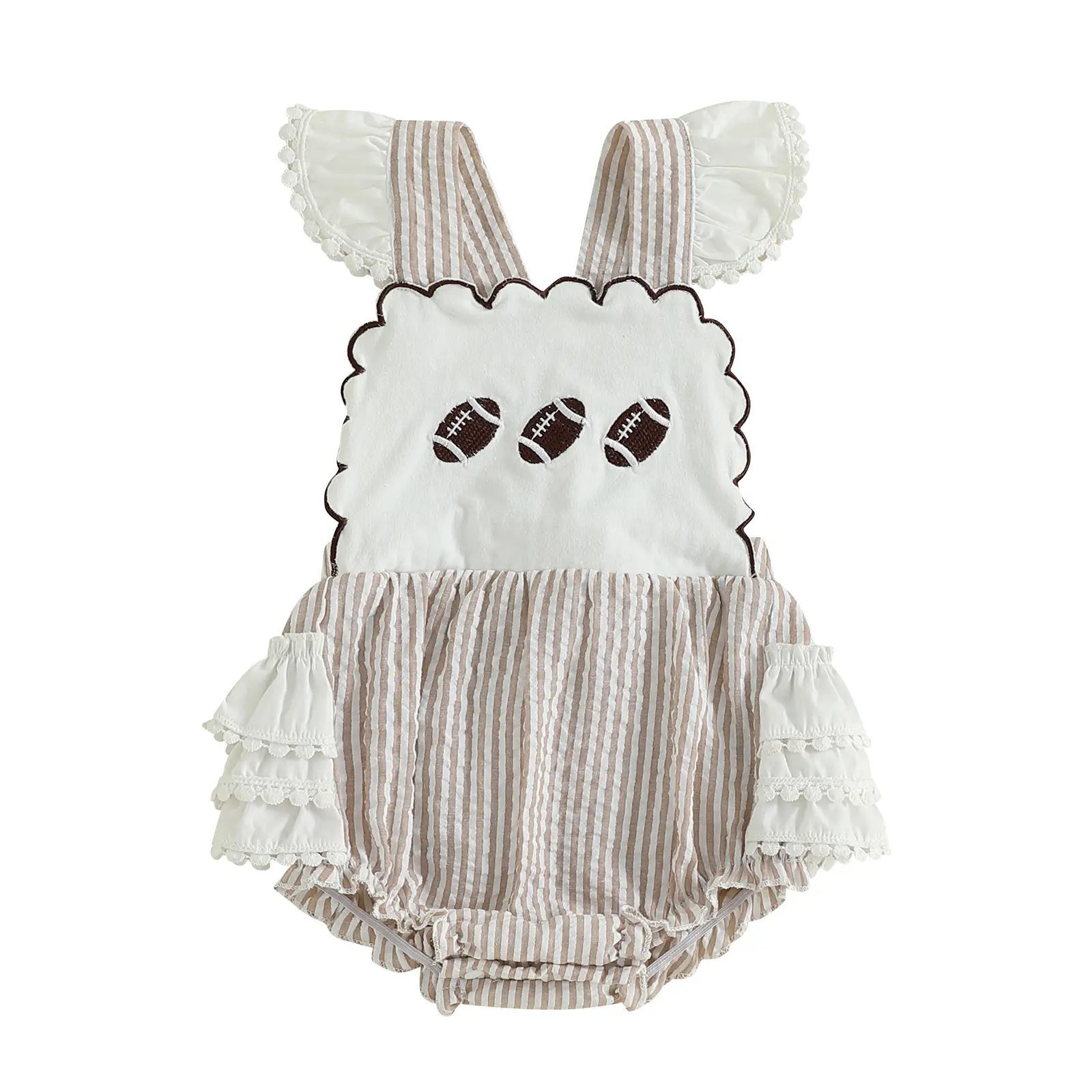 Newborn Baby Girl Football Outfit Football Embroidery Striped Bubble Romper Lace Trim Ruffles Sleeveless Onesie Bodysuit Overalls
