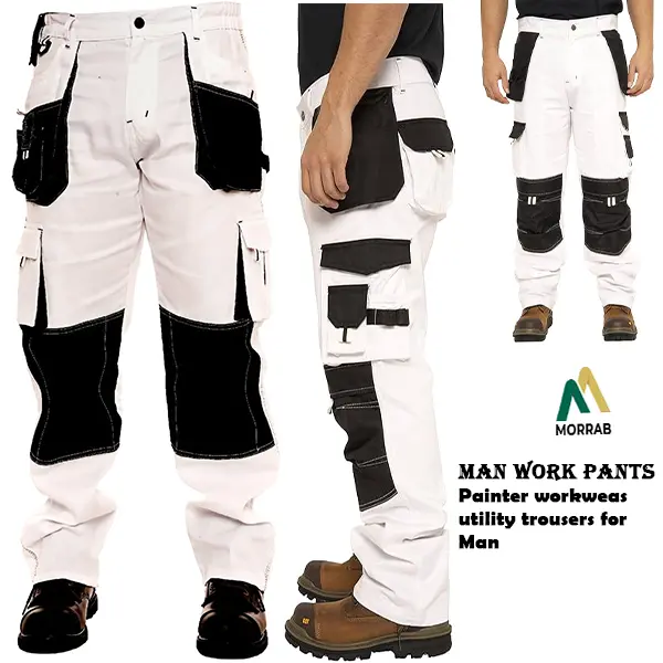Men's Heavy Duty Painter Pants | White Workwear Trousers for Construction & Painting | Durable Multi-Pocket Essential