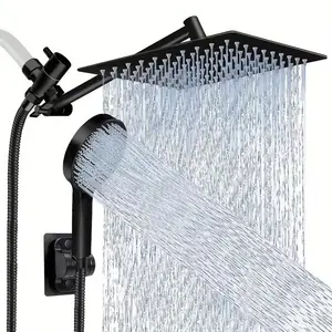 Shower head, combining rain shower/handheld high-pressure shower with an 11-inch extension rod, 9 spray modes, leak-proof shower head with holder, height/angle adjustable, chrome plated, matte black.