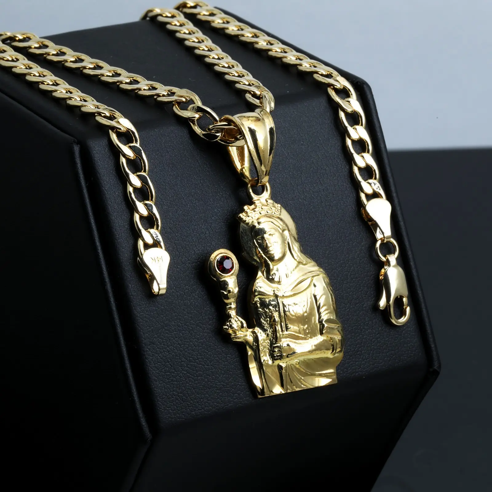 MaxBling81 High-End Santa Barbara Religious Pendant with 14K Stamped 6mm 20"-24" Brass Cuban Chain, Hip Hop Style Unisex Fashion Costume Jewelry Necklace
