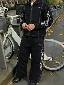 Unisex streetwear style "Saint Tears" letter patchwork Long Sleeve shirt jacket and trendy zip-up trousers set Fitted. Suitable for Casual, streetwear, Y2K style, men's gifts, individualistic outfits, and punk style. Casual Fashion Set