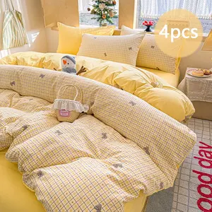 4-Piece Duvet Cover Set (Duvet Cover*1 + Flat Sheet*1 + Pillowcases*2) Buttercream Vintage Plaid Bow Design Heart Print Duvet Cover Korean-Style Soft Bedding Set for Gentle Room Decor