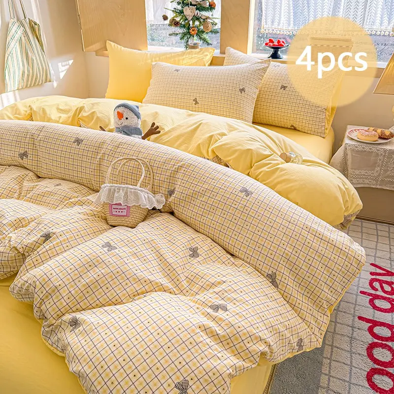 4-Piece Duvet Cover Set (Duvet Cover*1 + Flat Sheet*1 + Pillowcases*2) Buttercream Vintage Plaid Bow Design Heart Print Decorative Duvet Cover Korean-Style Soft Comfy Bed Sets Bedding Set for Gentle Room Decor Bedroom Bedding Set