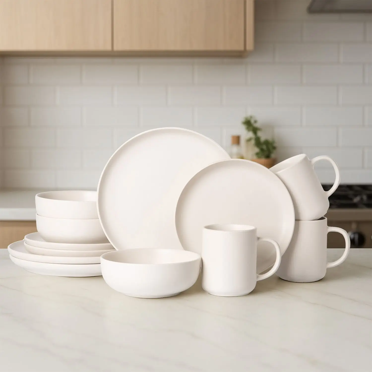 12-Piece Stoneware Dinnerware Sets with Mugs | Microwave & Dishwasher Safe | Non-Toxic Dinner Plates Bowls Set | Stackable Matte Glaze Kitchenware for 3 tableware lightweight lid opener