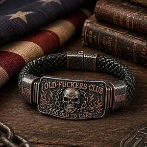 Vintage Old Fckers Club Skull Paracord Bracelet Loud Proud Flame Lightning Metal Tag Braided Wristband Too Old To Care Punk Rock Motorcycle Biker Jewelry Gift For Men Bikers Dad Husband
